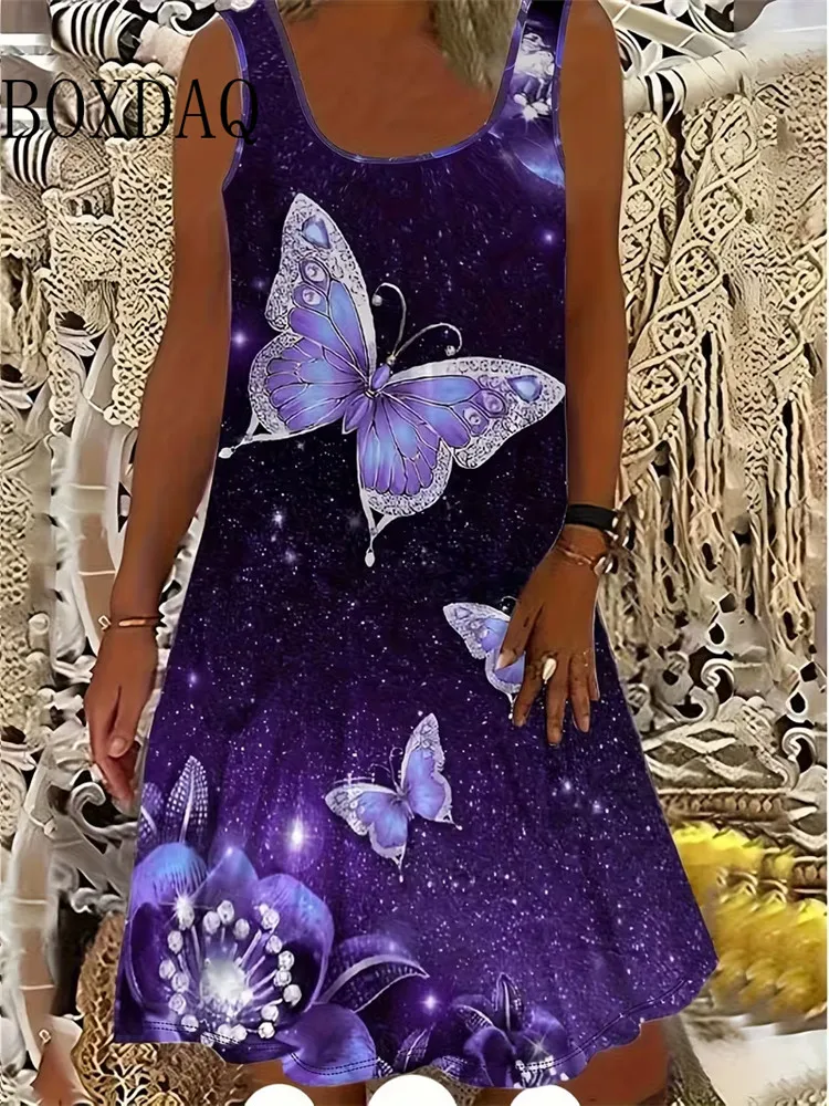 Ladies' new butterfly gradient print round neck sleeveless fashionable and elegant summer party dress