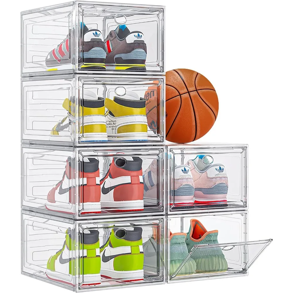 

Plastic Clear Shoe Storage Organizer with Magnetic Door 6 Pack, Stackable Boxes for Closet, Foldable Space-Saving Shoe Rack