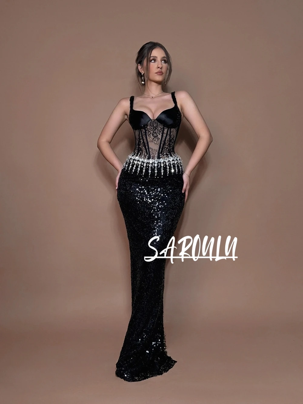 

2026 Glitter Bodycon Evening Dress Sexy Black Lace Corset Prom Gown Customized Gorgeous Crystals Sleeveless Galas Women Wear