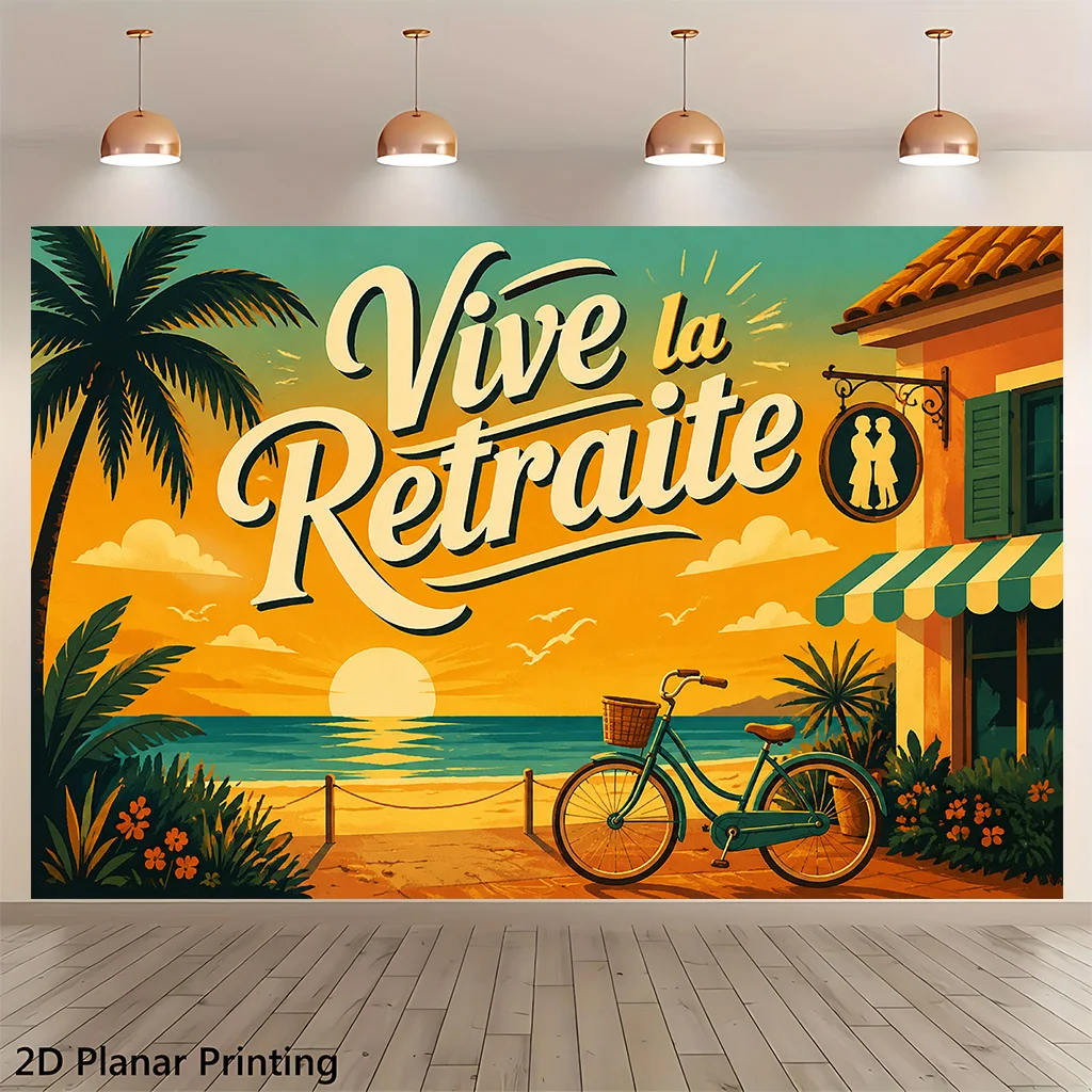 Vive La Retraite Tapestry, French Retirement Wall Hanging, Vintage Bicycle Decor, Seaside Sunset Art Cloth, Living Room Bedroom