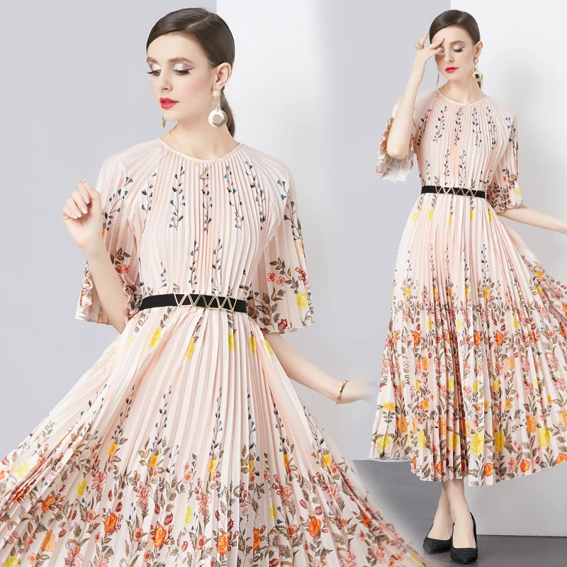 กระโปรงพลีททรงเอไลน์ยาวปานกลาง รุ่นใหม่ ปี 2024 จีบแบบ Dr Accordion เอวสูง ลายดอกไม้ ผ้าโพลีเอสเตอร์