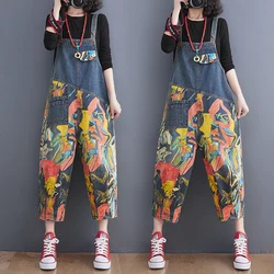 Streetwear Patchwork Printing Denim Jumpsuits Women Loose Wide Leg Dungarees Baggy Pants Rompers Spring Summer Jeans Overalls