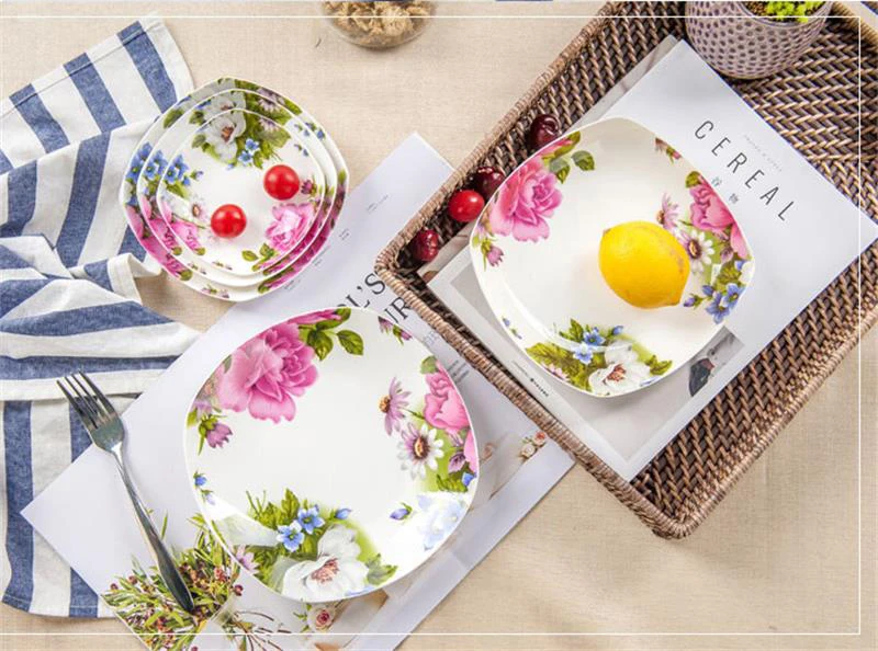 7.5 inch, bone china rectangular kitchen plates, floral beauty plate ceramic, dinner serve plate square, party chafing dishes,