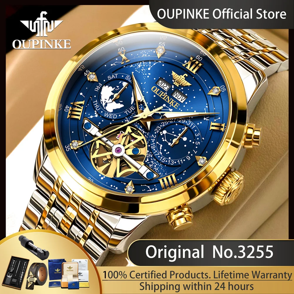 OUPINKE 3255 Starry Sky Blue Diamond l Men\'s Watches Top Original Brand Luxury Skeleton Flywheel Automatic Mechanical Man Watch