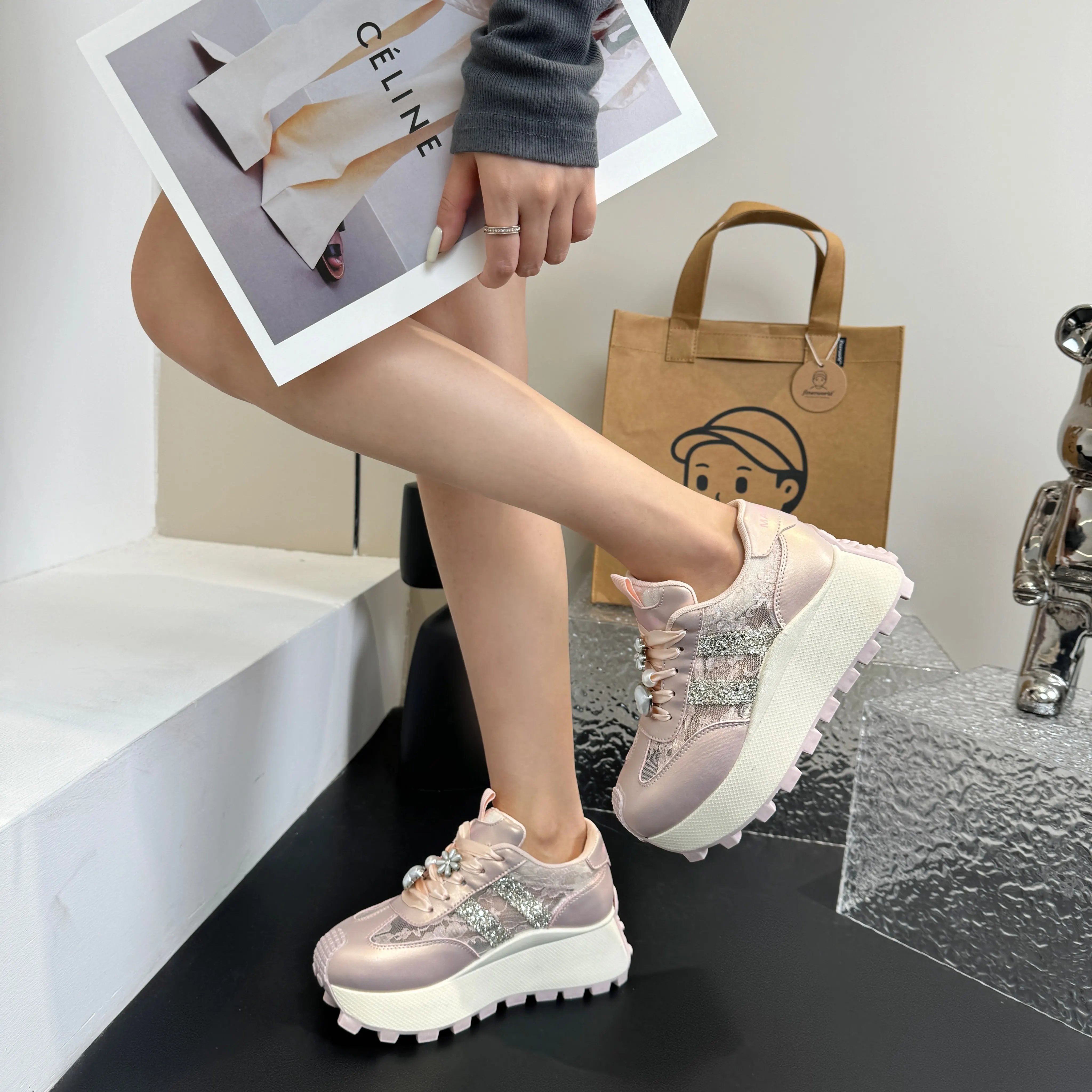 fashion sneakers women trends 2024 summer New heart-shaped Pearl Casual woman Shoes mesh Breathable Vulcanize designer shoes