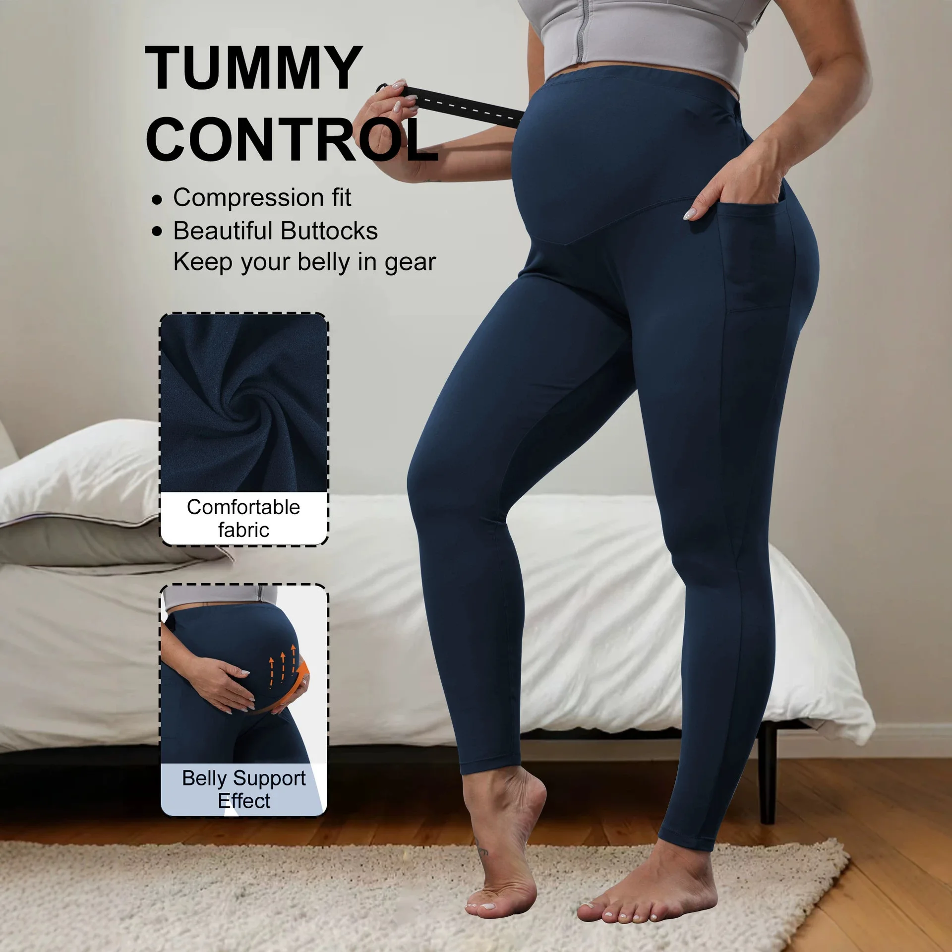Women Plus Size Maternity Leggings High Waist Adjustable Buckle Pregnancy Pants With Side Pockets Stretchy