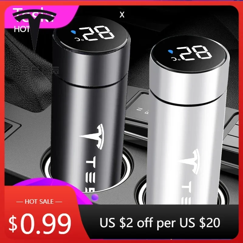 

Car Sticker 2025 New Tesla 500ml Portable Car Smart Thermos Bottle Temperature Display Cup For Tesla Model 3 Model X Y Style MOD