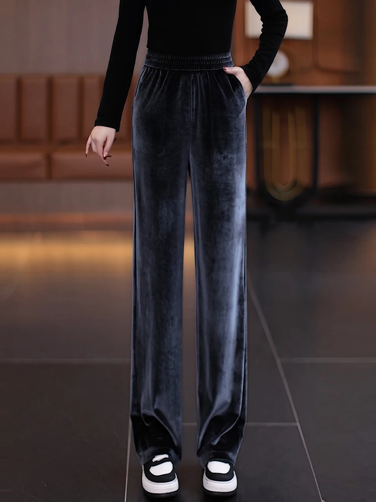

Grey Velvet Wide Leg Pants Women's Casual High Waist Straight Cut Pants Autumn Spring New Style Elegant Feel