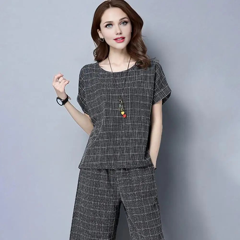 Polyester Fiber Outfit for Women Women Casual Two-piece Set Women's Plaid 2-piece Outfit Casual Crew Neck Top with Pockets