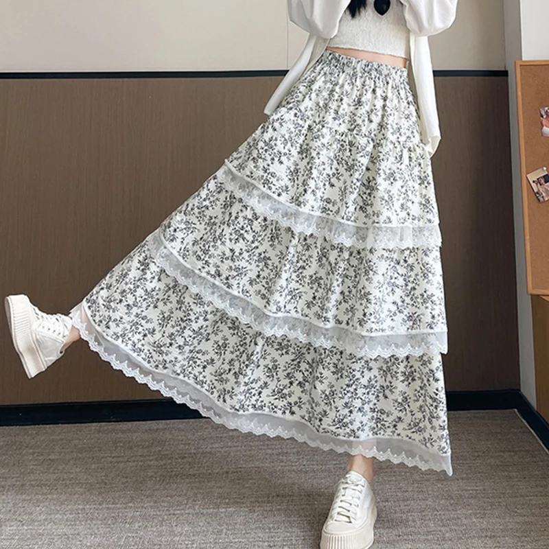 Japanese Style Sweet Gentle Floral Print Skirt Women 2026 New Summer Lace Patchwork Skirt High Waisted Puffy Cake Midi Skirt