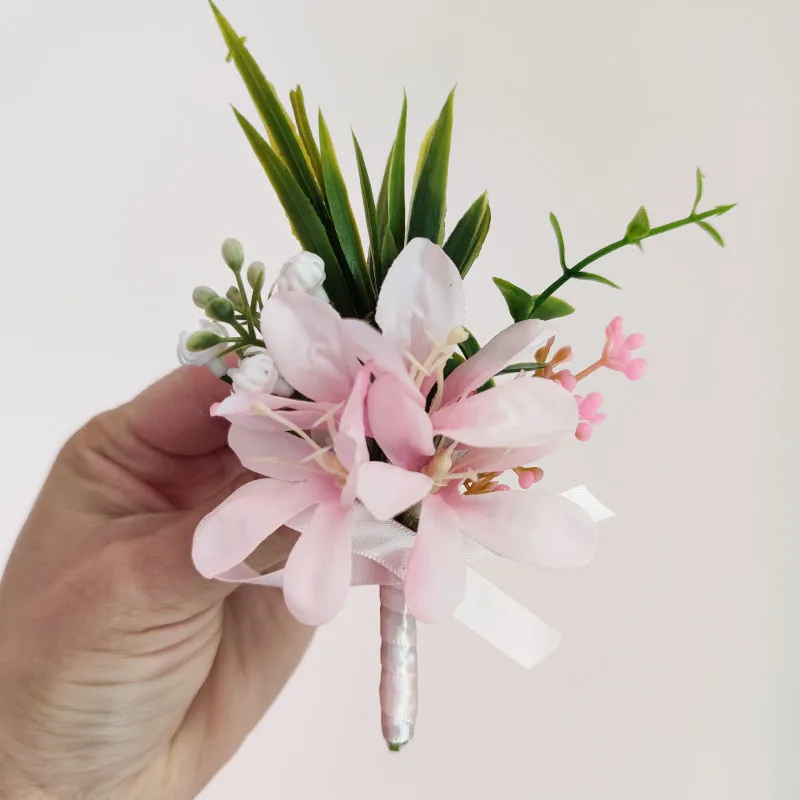 Pink Orchid Corsage Boutonniere Wedding Accessories Buttonhole Men Bride Bridesmaid Bracelet Artificial Flowers Prom Table Decor