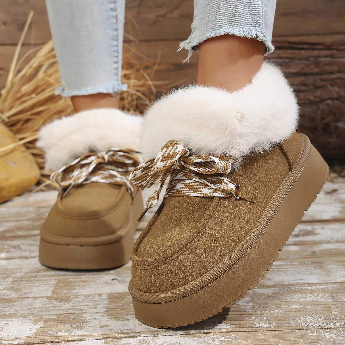 

Winter new lace-up thick-soled fleece cotton shoes 2025 large size sponge and fleece warm snow boots