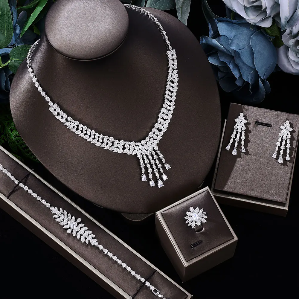 

Elegant Little Tassel Zirconia Wedding Bridal Jewelry Set African Dubai Necklace Earrings Bracelet Ring 4PCS Jewelry Set