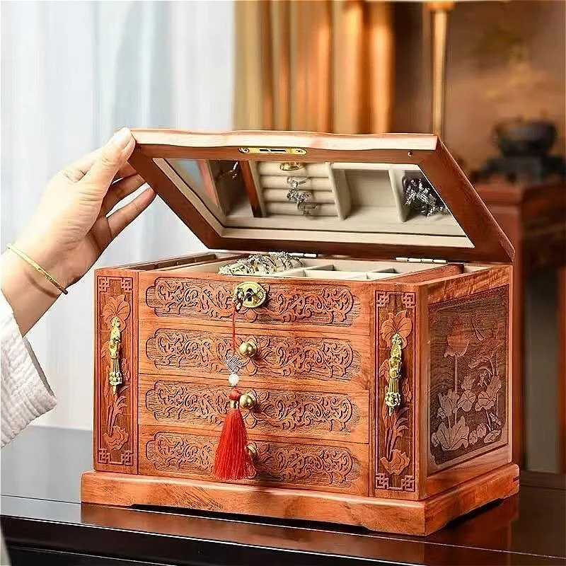 Solid Wood Jewelry Box Retro with Lock Mirror Jewelry Boxes Large Capacity Drawer Ring Bracelet Storage Case Carving Gift Box