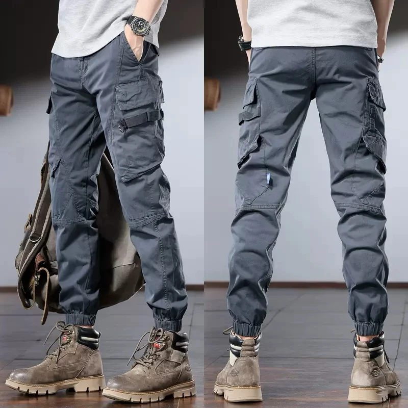 Tactical Cotton Men's Cargo Pants Streetwear Casual Multiple Pockets Gray Slim Fit Trousers