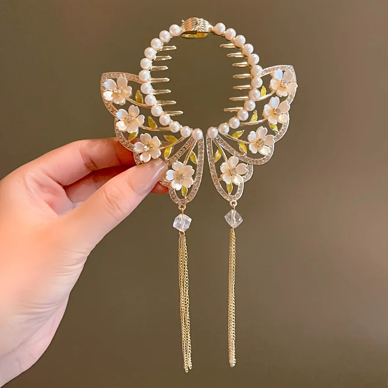 Elegant Faux Pearl Sparkling Rhinestone Valley Flower Decorative Hair Clip With Tassel Ponytail Holder Stylish Hair Barrette