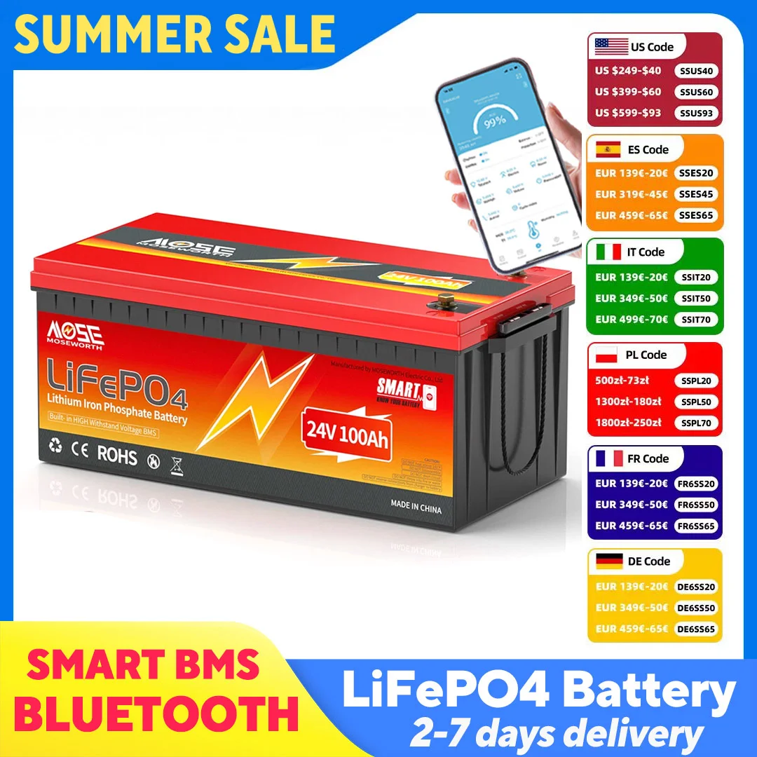 MOSEWORTH 24V 100Ah LiFePO4 Battery Pack Lithium Iron Phosphate Batteries Built-in Bluetooth BMS 8000+ Cycles For Solar Boat