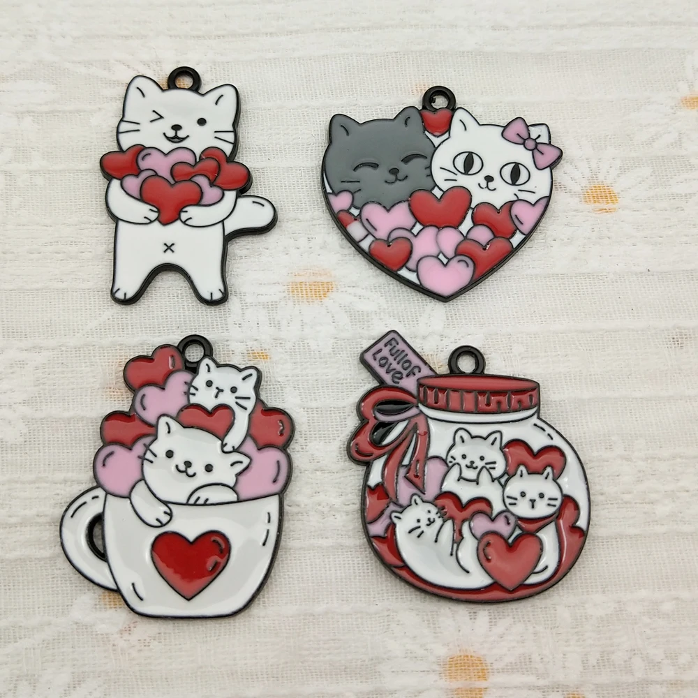 10pcs Love Cat Charms for Jewelry Making Enamel Necklace Keychain Phone Pendant Diy Accessories Alloy Metal Black Plated