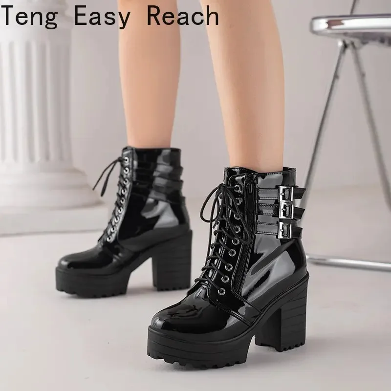 2025 White Black PU Leather Ankle Boots Women Autumn Winter Round Toe Lace Up Shoes Woman Fashion Motorcycle Platform Botas