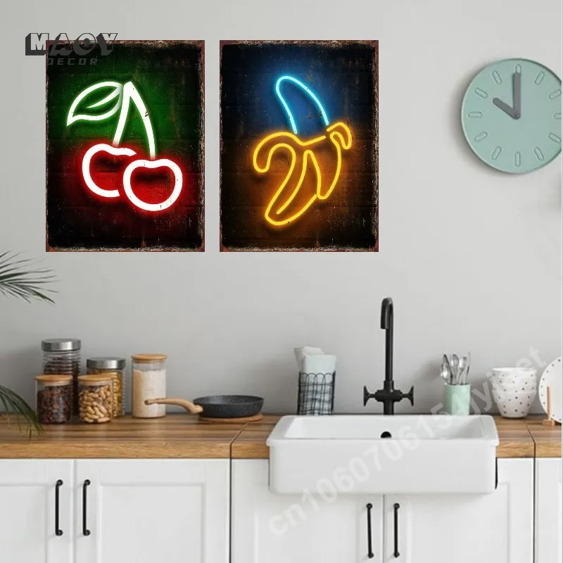 Cool Neon Signs Fruit Metal Tin Signs Cherry Banana Vintage Poster Room Decor Fruit Shop Plaques Wall Art Iron Plate Painting