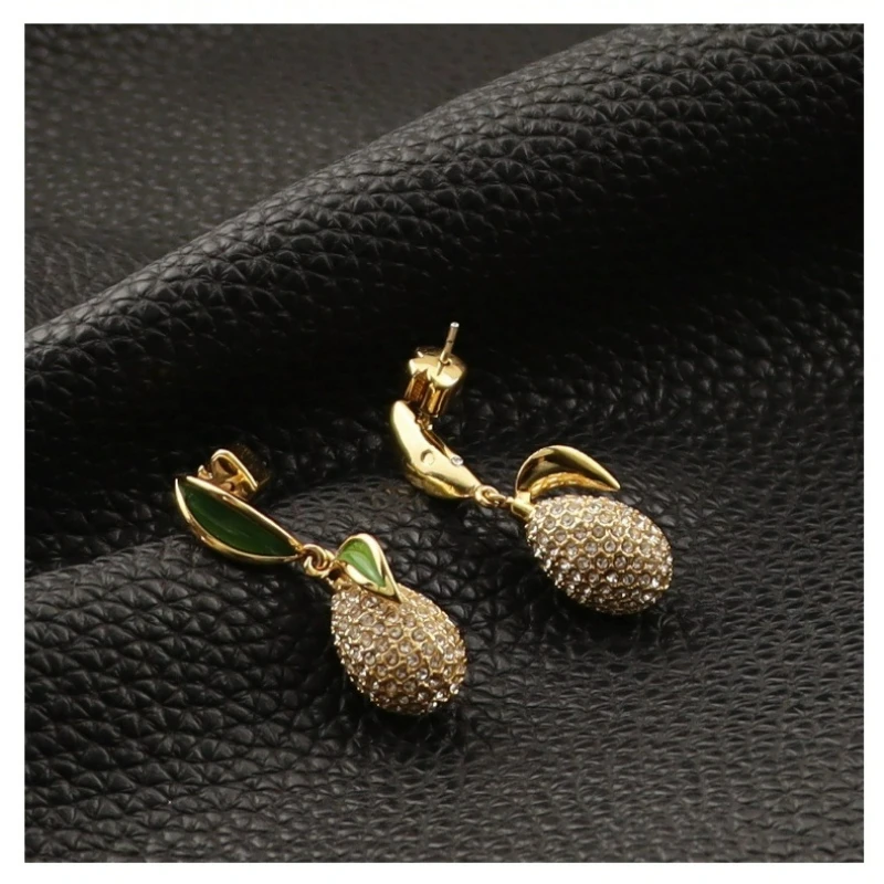 Light Luxury Commuting Niche Design Ins Enamel Glaze Hand-painted Green Leaves Full Cubic Zircon Grapefruit Earrings for Women