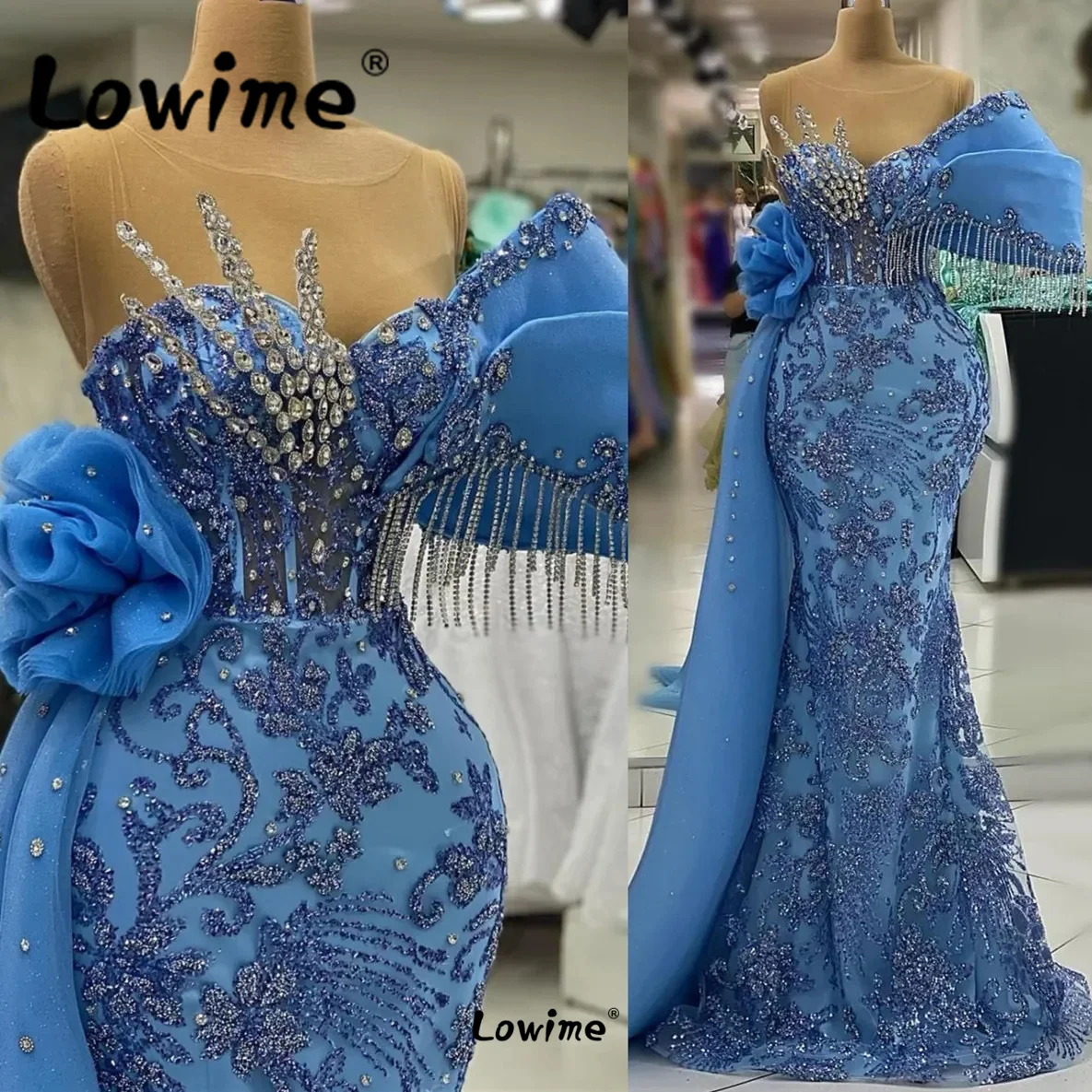 Luxury Blue Celebrity Dresses Red Carpet Party Dress 2023 Couture Tassel Crystals Evening Gowns Women Dubai Arabic Prom Dresses image 3