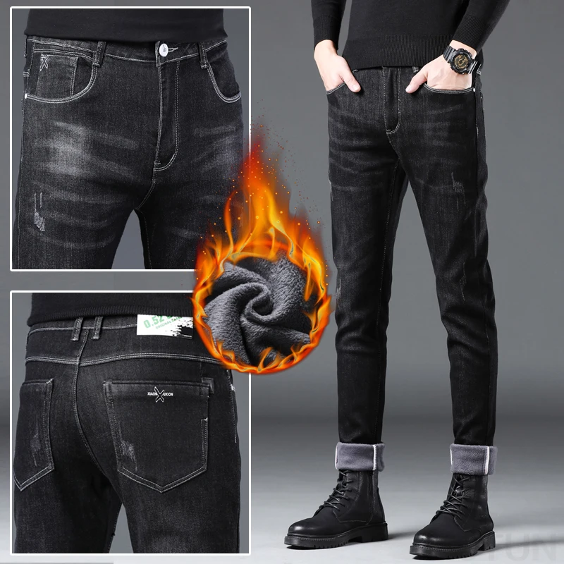 Celana Jeans Fleece KSTUN Pria Musim Dingin, Celana Denim Slim Fit Kasual Hangat, Celana Pensil Streetwear Musim Gugur Musim Dingin, Celana Skinny Biru