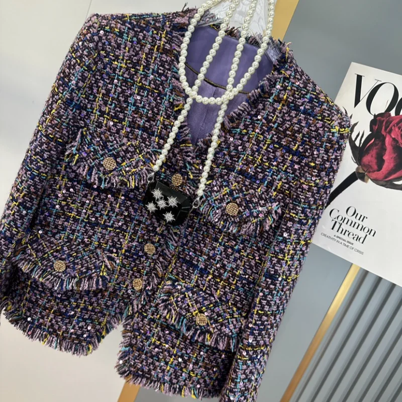 Autumn Winter New Purple Sequins Small Fragrance Coat Women V-neck Tassel Fashion High Quality Tweed French Lady Coat
