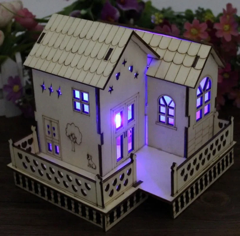 Creative Wooden Flashing House Toys Luminous Villa Model  Birthday Gift for Kids Children Housing Decoration Ornaments