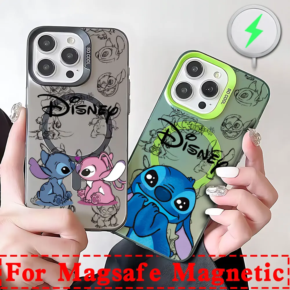 Cool Cartoon Stitch Disneys Magsafe Magnetic Phone Case for IPhone 11 12 13 14 15 16 Pro Max Plus Creative Border Plated Cover