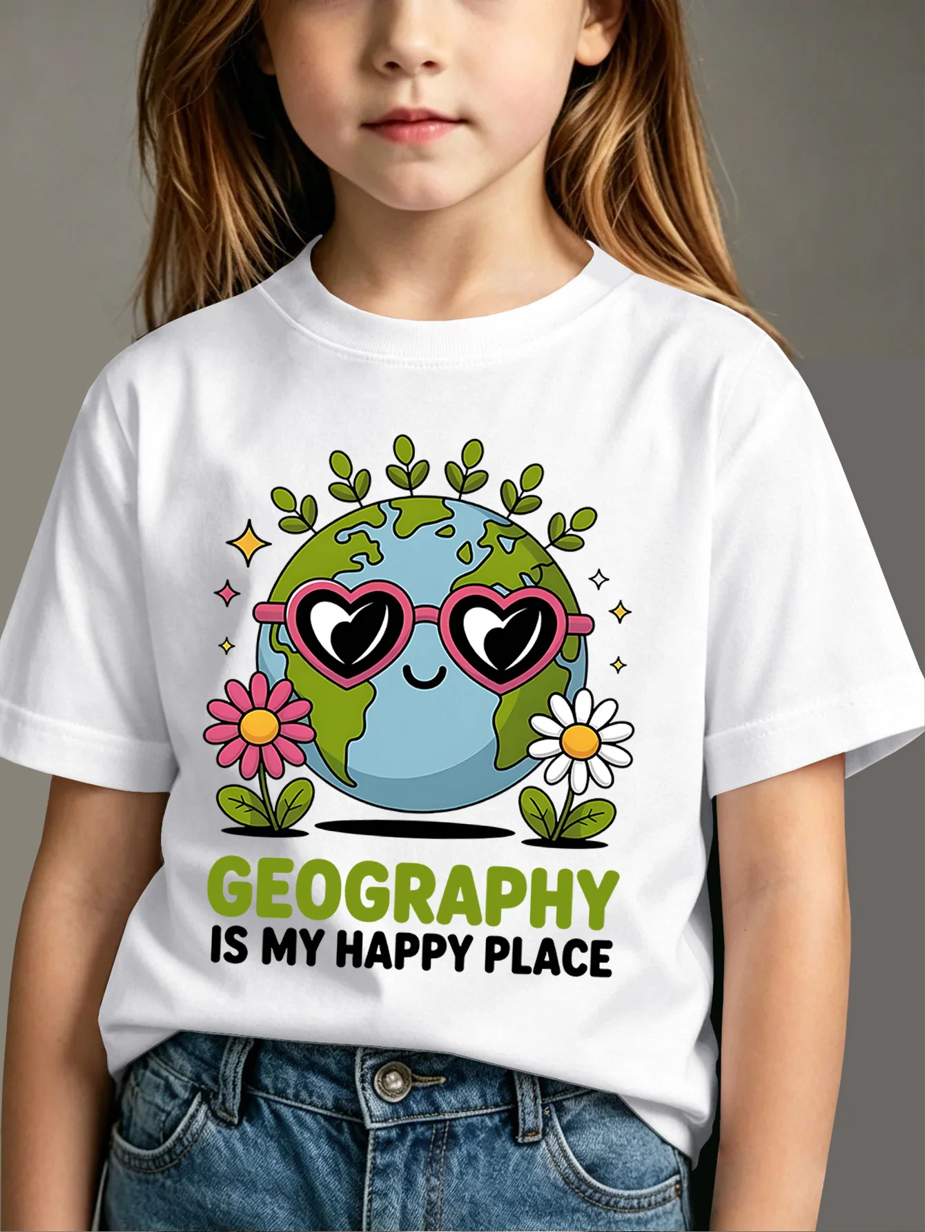 Cute Earth Glasses Floral Letter Print Boys Girls Short Sleeve Tee Parent Match Cotton Kids Fresh Nature Casual Daily T Shirts