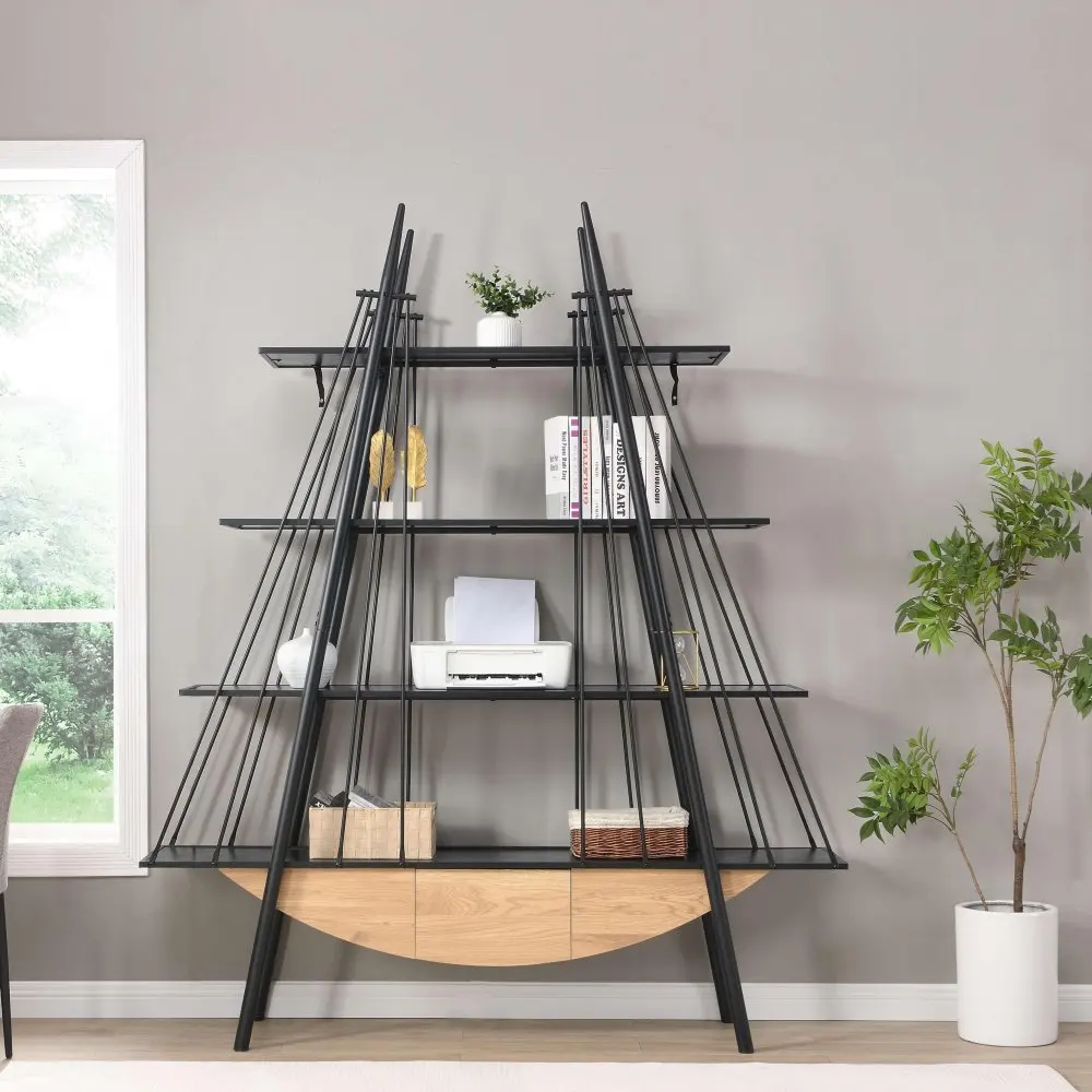 

Sailboat-Inspired Bookshelf Industrial 4-Tier Open Storage Shelf with Drawer, Wooden & Metal Freestanding Bookcase Cube Shelf