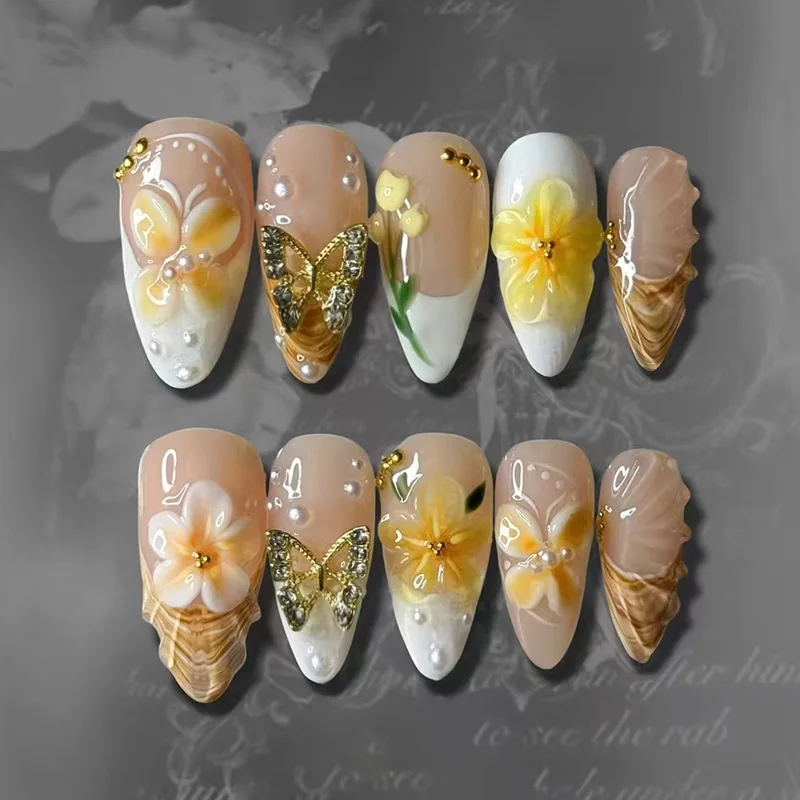 

24pcs French Almond Press on Nails Reusable Yellow False Nail Tips Flower Butterfly Design Fake Nail Sets Pearl Full Cover Nail