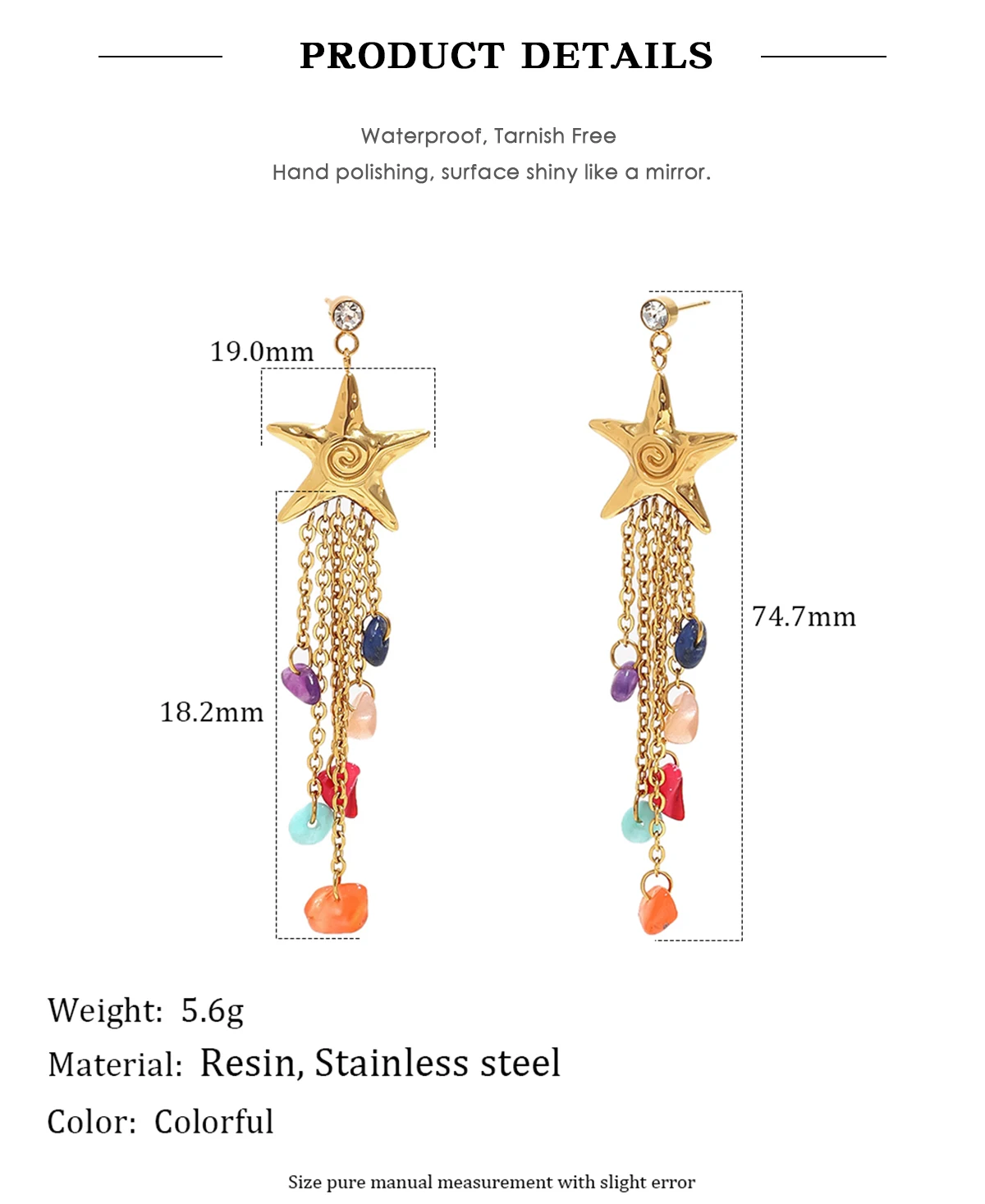 E.B.belle Minimalistische Strukturierte Stern-Ohrstecker mit Bunten Quasten, Hypoallergene 18K Vergoldete Ohrringe, Sommer-Modeschmuck – Detail 3