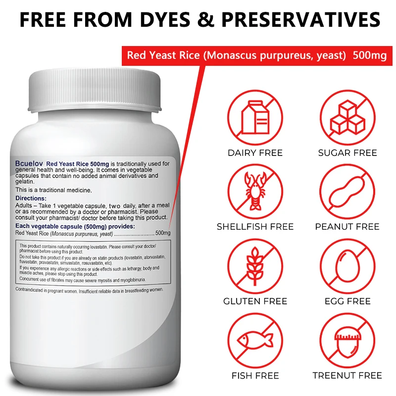 أرز خميرة حمراء 500 ملجم - مكمل كوليسترول، يدعم الصحة العامة، ويعزز صحة القلب والمناعة، ومضادات الأكسدة