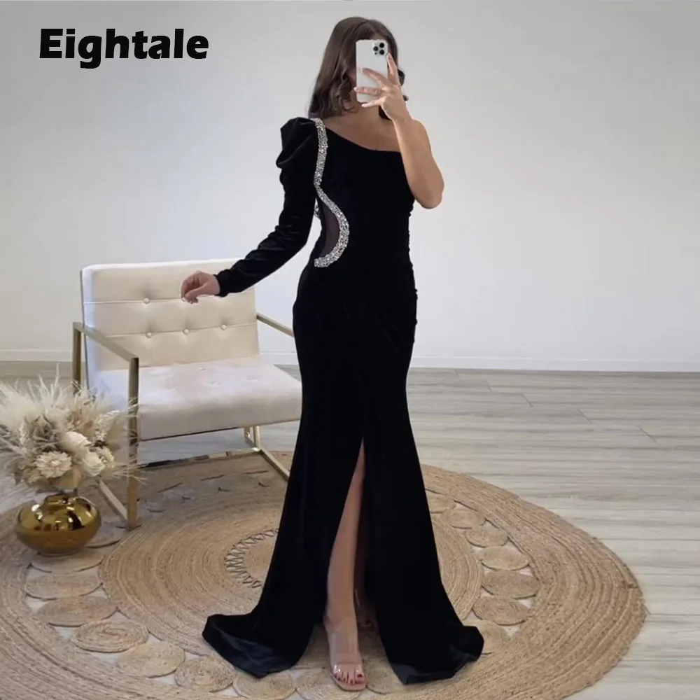 

Eightale Formal Evening Dresses for Wedding Party One Shoulder Satin Mermaid Long Sleeves Beaded Black Arabic Prom Gowns