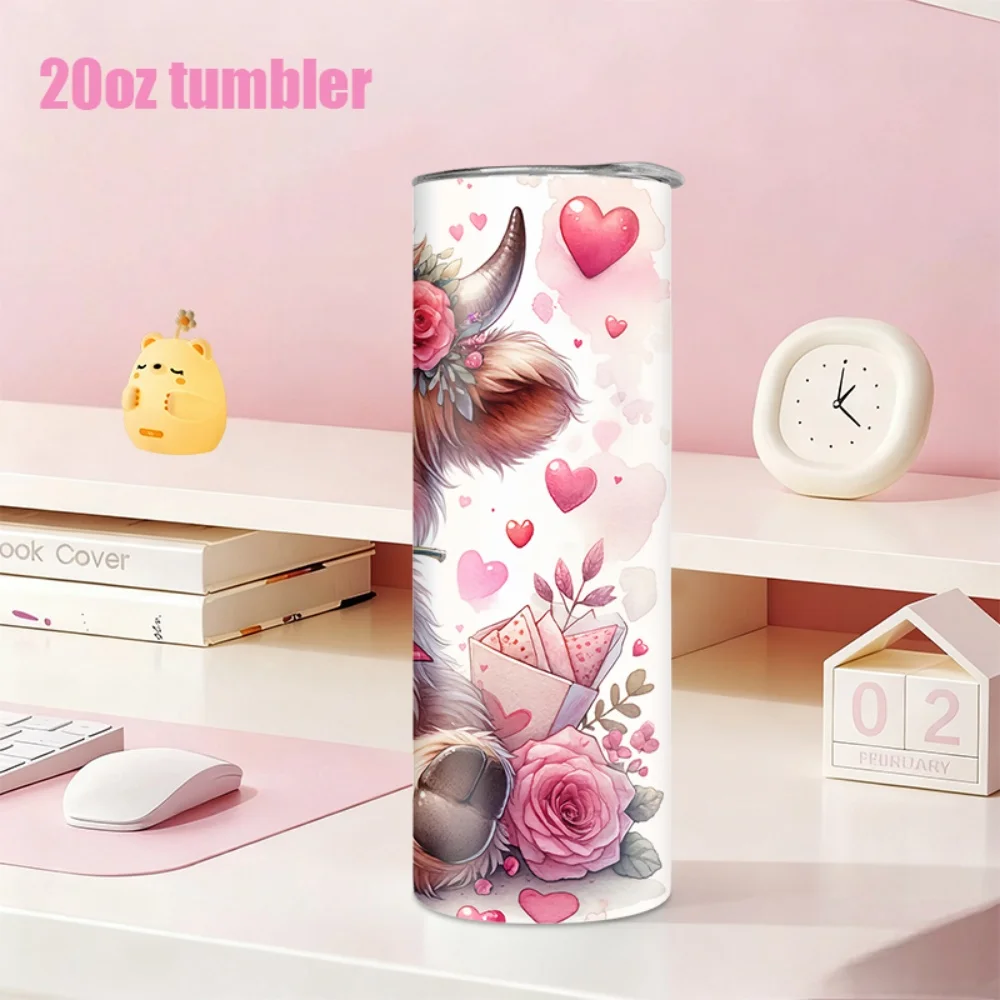 1pc 20oz straw water bottle, insulated stainless steel water cup with a cow wearing a wreath, rose, and heart pattern. view 5