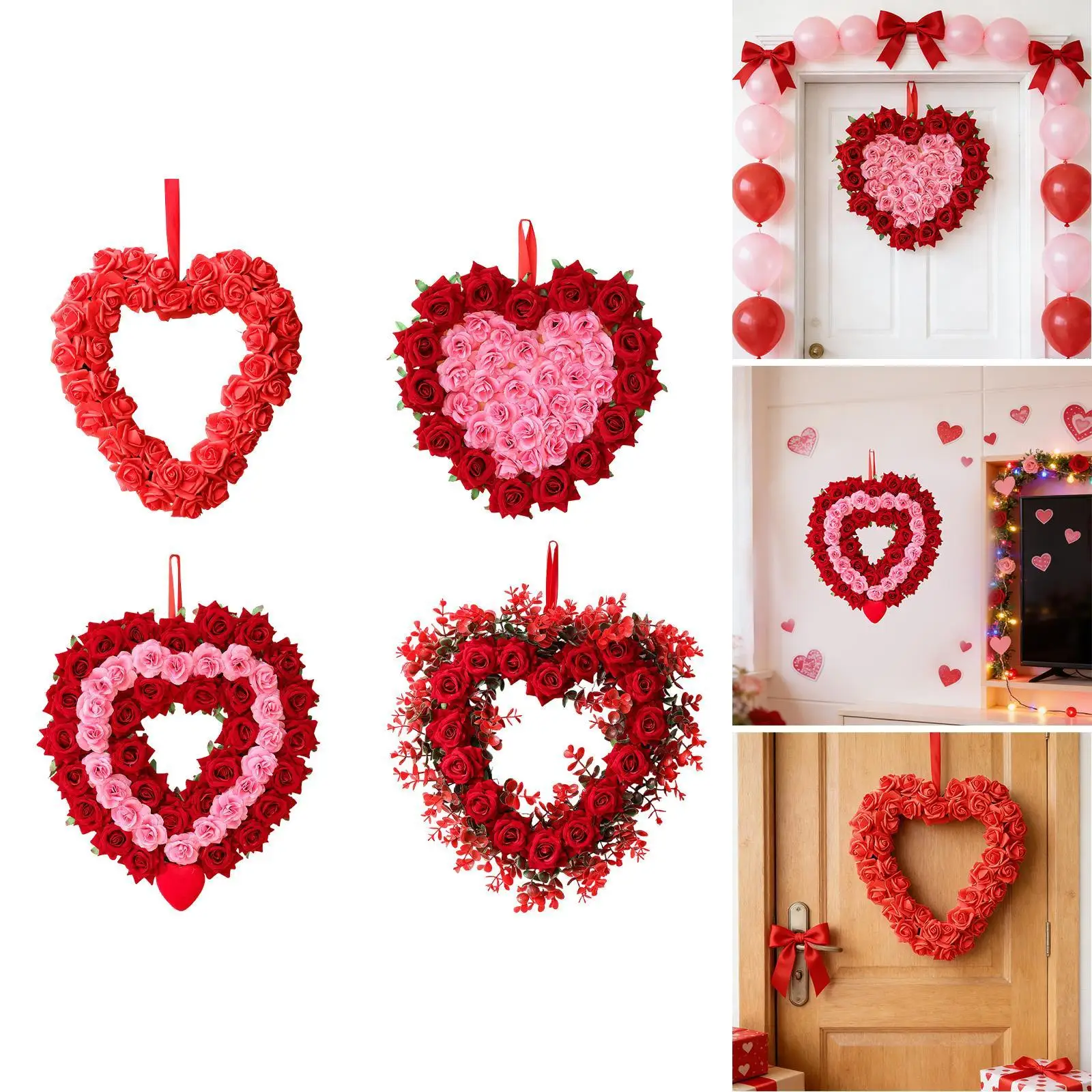 

Heart Shaped Artificial Flower Wreath Garland for Front Door Valentines Day Anniversary Holiday Party