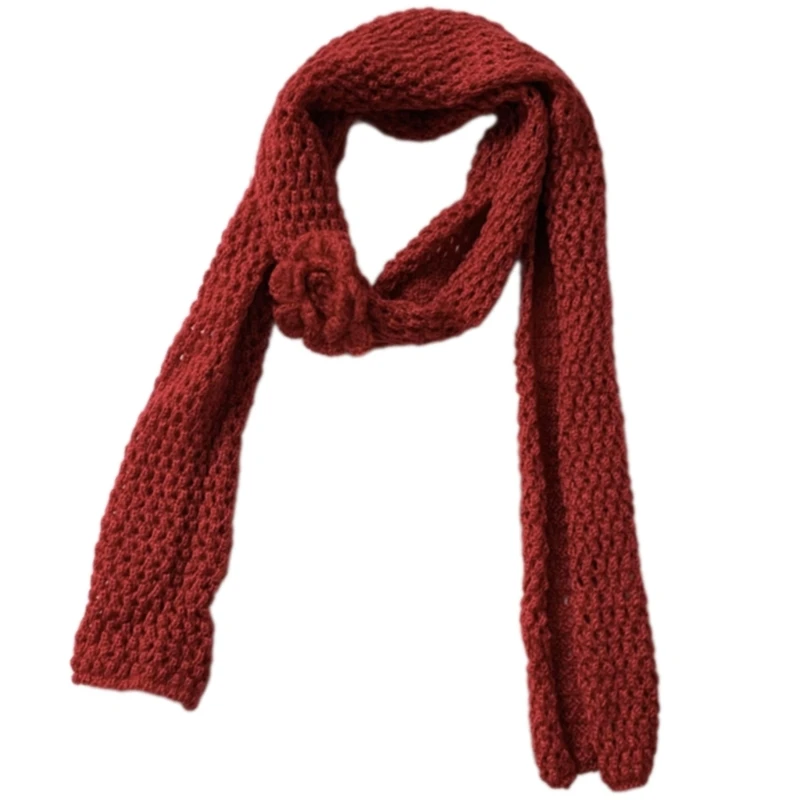 Fashion Knitted Scarf with Delicate Flower Embellishments Soft Narrow Scarves Dropshipping