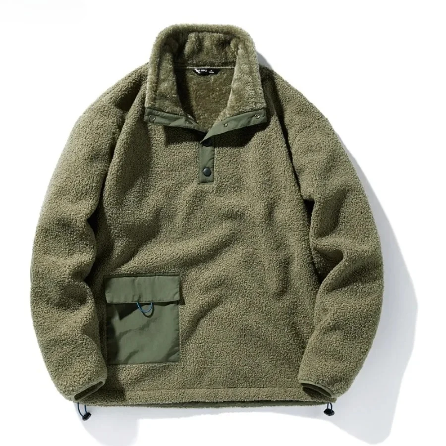 New Men's Sweatshirts Fashion Patchwork Pocket Fleece-lined Warm Pullover Tops Male Polar-fleece Loose Casual Hoodies Coats