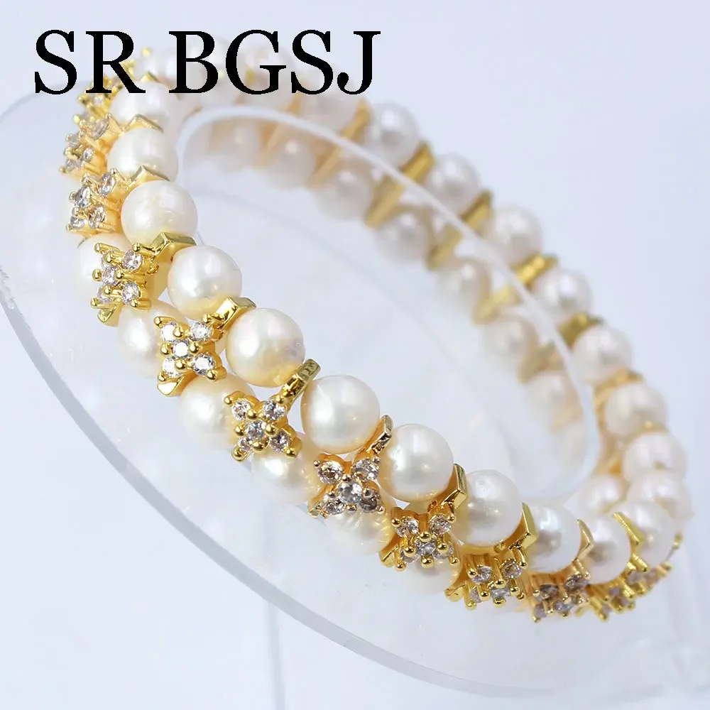 7-8inch 2-Row 7-8mm Round Edison Natural Freshwater White Pearl Beads Adjustable Women Jewelry Elastic Bracelet