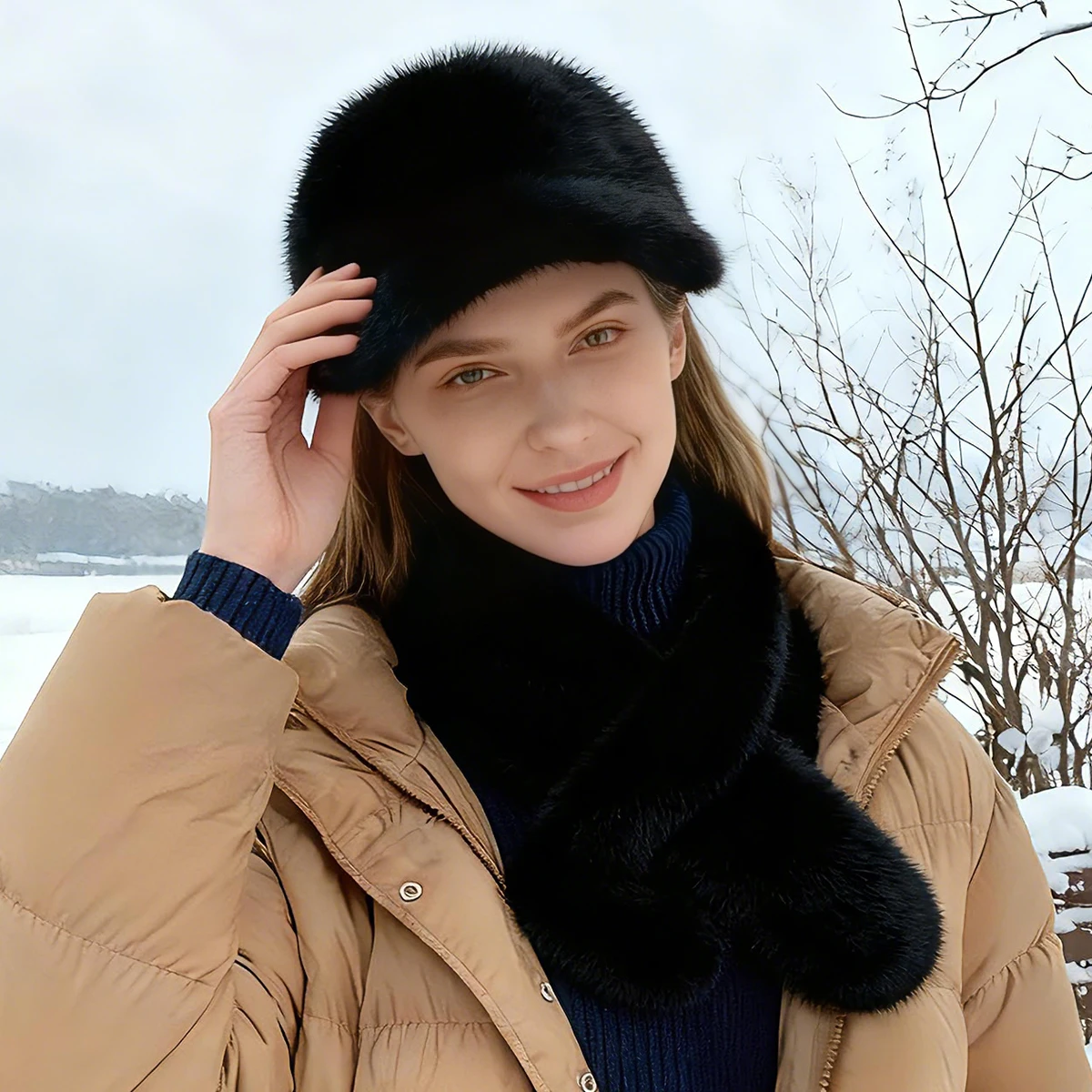 autumn-winter-women's-faux-mink-fur-baseball-cap-faux-fur-warm-hat-scarf-set-2pcs-outdoor-travel-lady-cap-scarf-combo