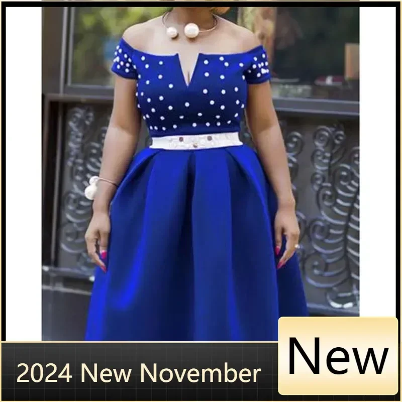 Elegant Beading Pleated A-Line Dress Women African Clothes Evening Dress Short Sleeve High Waist Solid Blue Party Long Dress