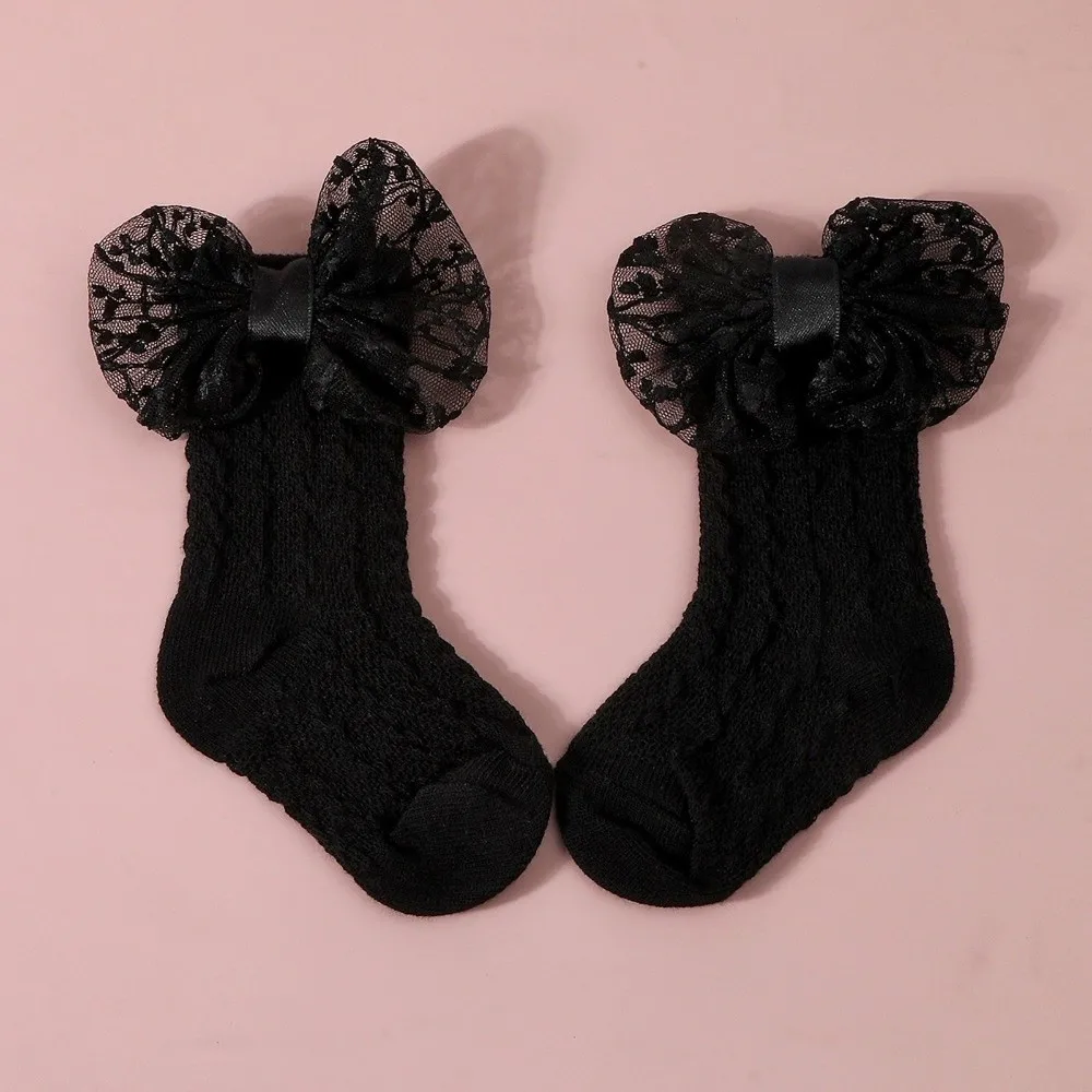 2PCS/Set Solid Color Headband Socks Hollow Out Elastic Lace Bow Socks Lace Bow Breathable Infant Hair Accessory