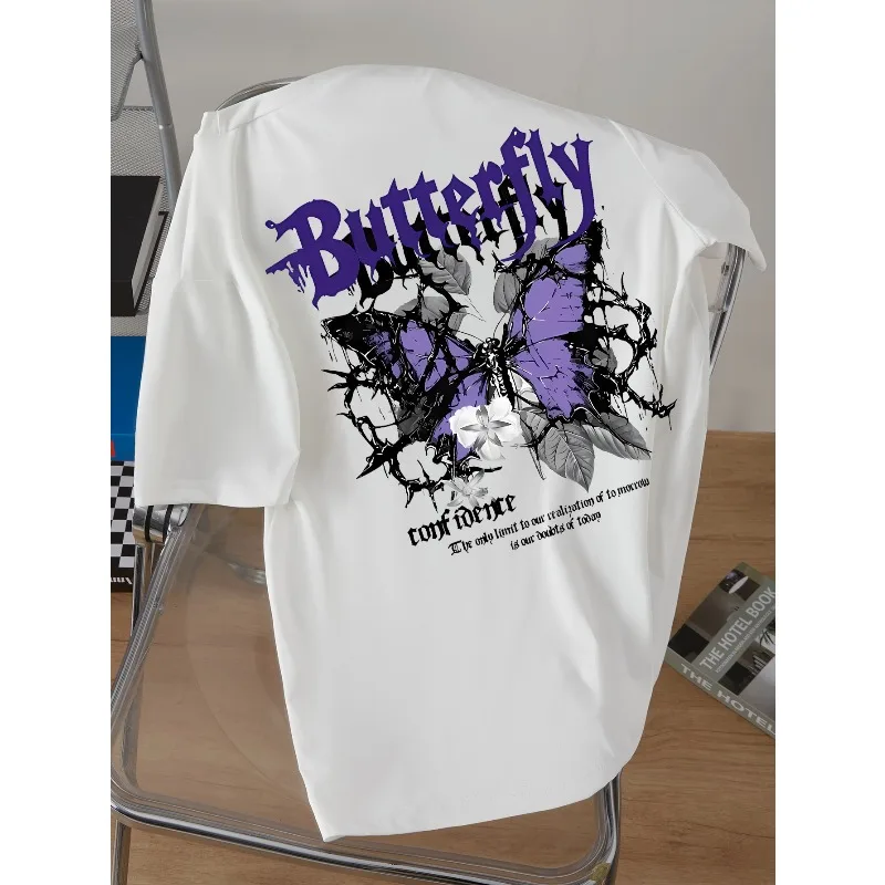 

Женская белая футболка с принтом на спине: узор бабочки и буквенный дизайн, мягкая трикотажная футболка с круглым вырезом, повседневная повседневная одежда