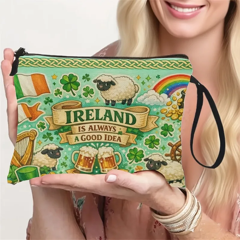 Irish-style Fashionable Makeup Bag with Wrist Strap, Featuring a Lucky Clover Pattern, a Convenient Toiletry Pouch, the Top Choi