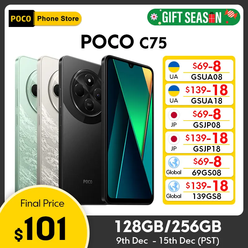 Новейший смартфон POCO C75, глобальная версия, NFC, 6,88 дюйма, точечный дисплей, Helio G81-Ultra, 50-мегапиксельная камера, массивная батарея, 5160