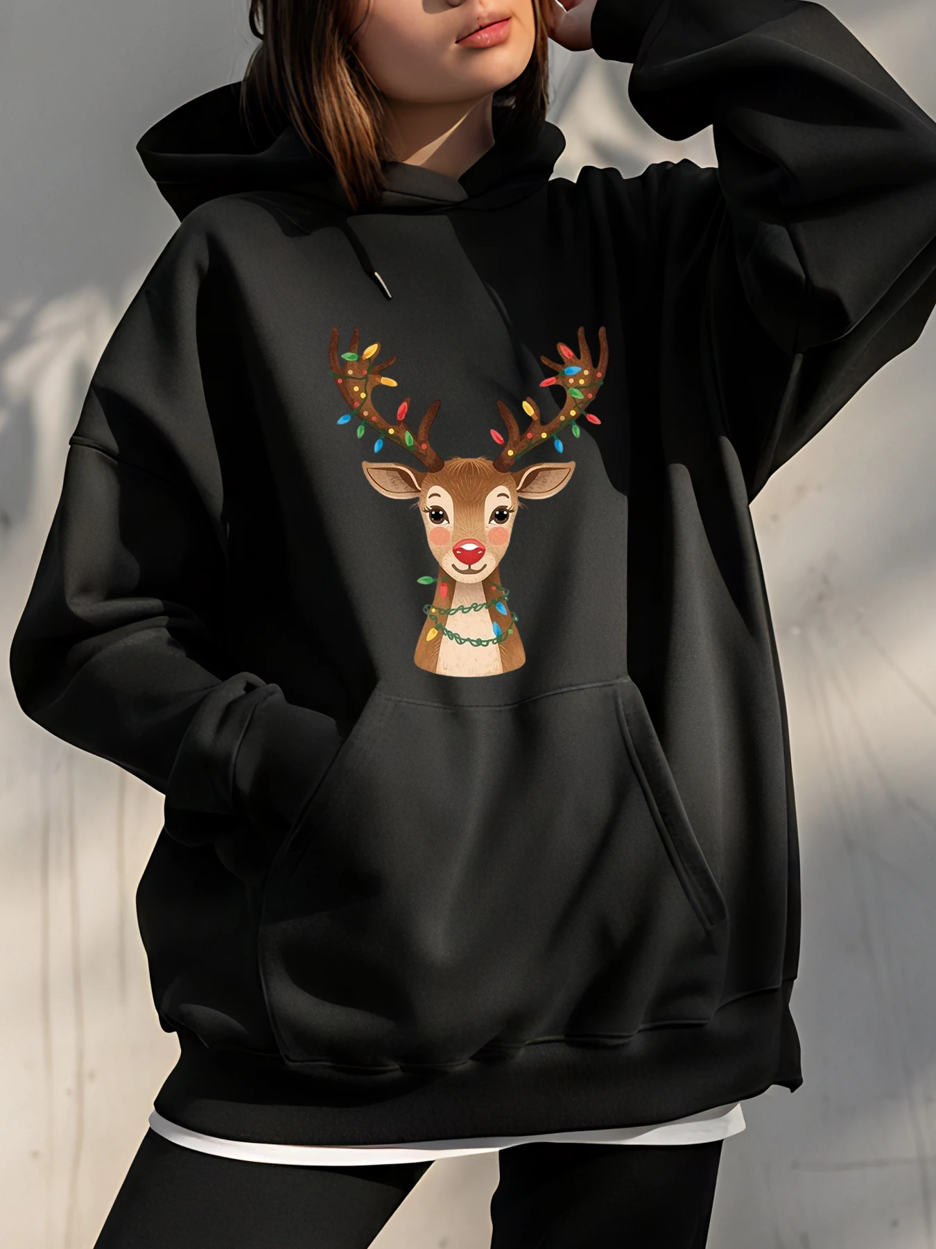 

Christmas Reindeer Print Hoodie with Colorful Lights Design for Women Casual Wear Holiday Outfit