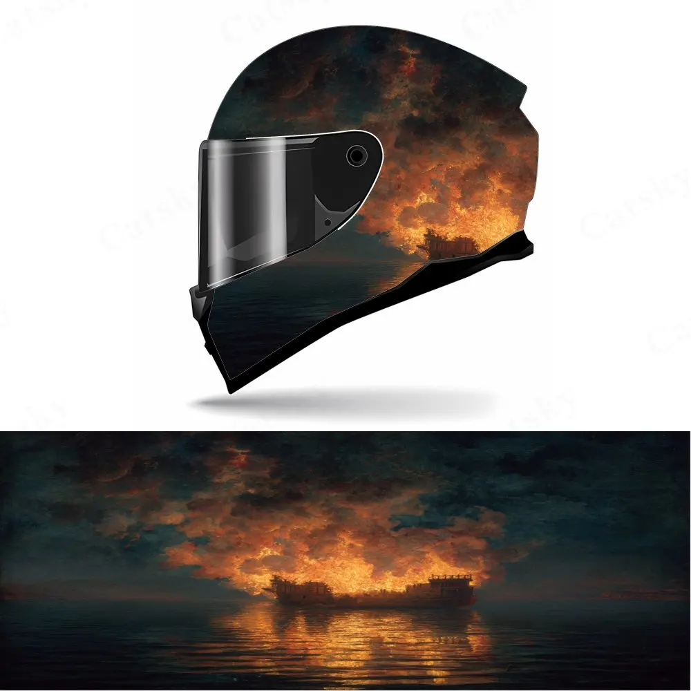 

Burning ship at sea with a dramatic sky Full Face Helmet Decal - Durable and Waterproof PVC, Self-Adhesive Racing Helmet Aesthet