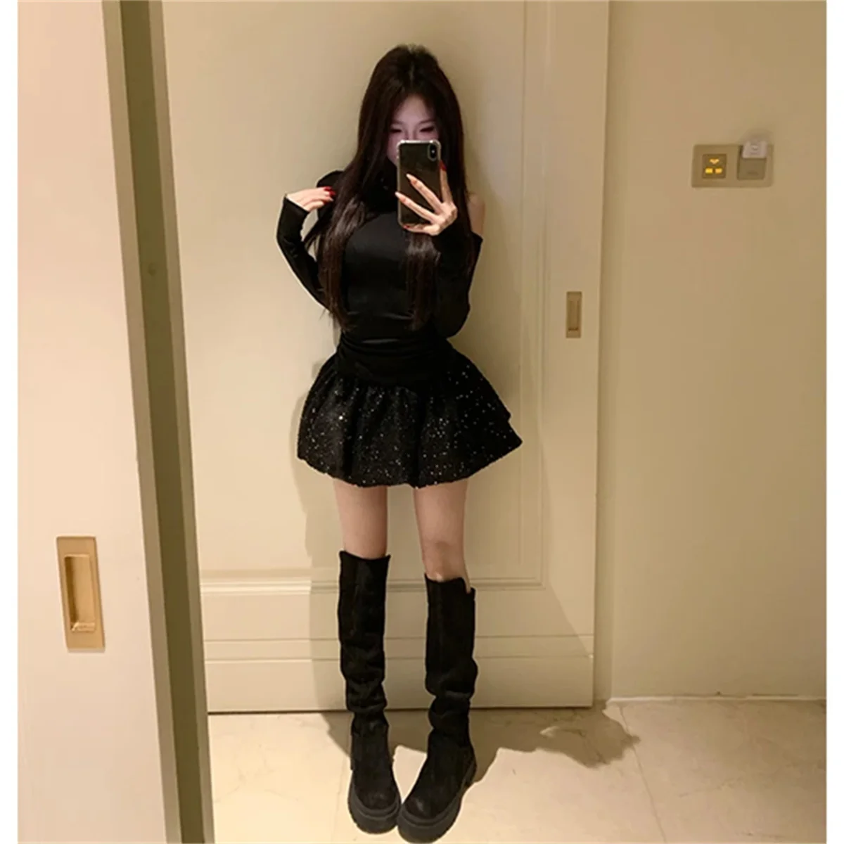 Vestidos de manga comprida feminino borgonha outono inverno lã fuzzy laço em camadas retalhos cintura apertada ajuste regular estilo academia